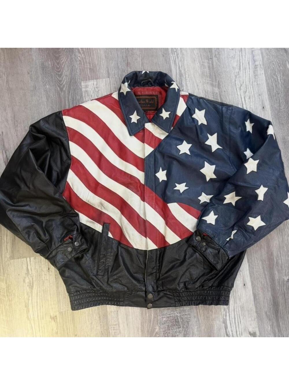 Men's Leather world bald eagle american flag bomber jacket size XL